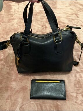 Fossil Black Leather Satchel Handbag and wallet with Gold Hardware